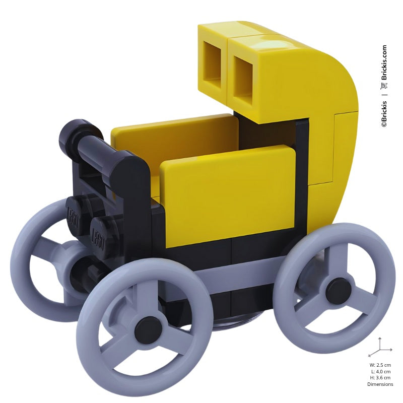 Custom LEGO baby carriage in yellow nursery edition, ideal for baby shower gifts or nursery LEGO builds.