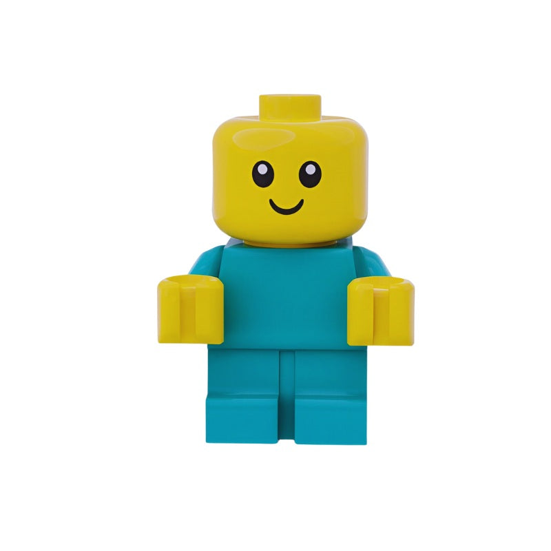 LEGO baby minifigure with dark turquoise body, yellow hands, and smiling yellow head, collectible toddler figure cty1186
