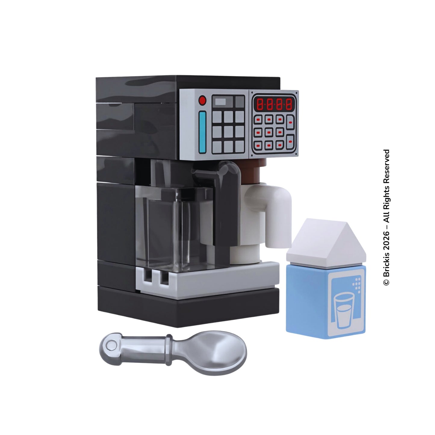 LEGO® barista espresso machine kit in minifigure scale with milk frother and white mug