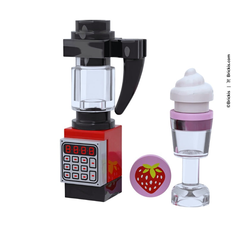 Custom LEGO digital smoothie blender with strawberry smoothie glass in mini kitchen scene