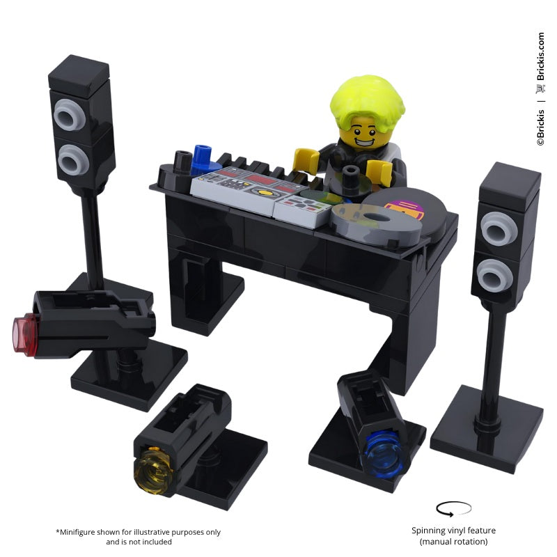 
                  
                    Brickis-built DJ booth with realistic turntable, dual speakers, and colorful party lighting for LEGO minifigs. evoking a techno scene like David Guetta’s performances. 
                  
                