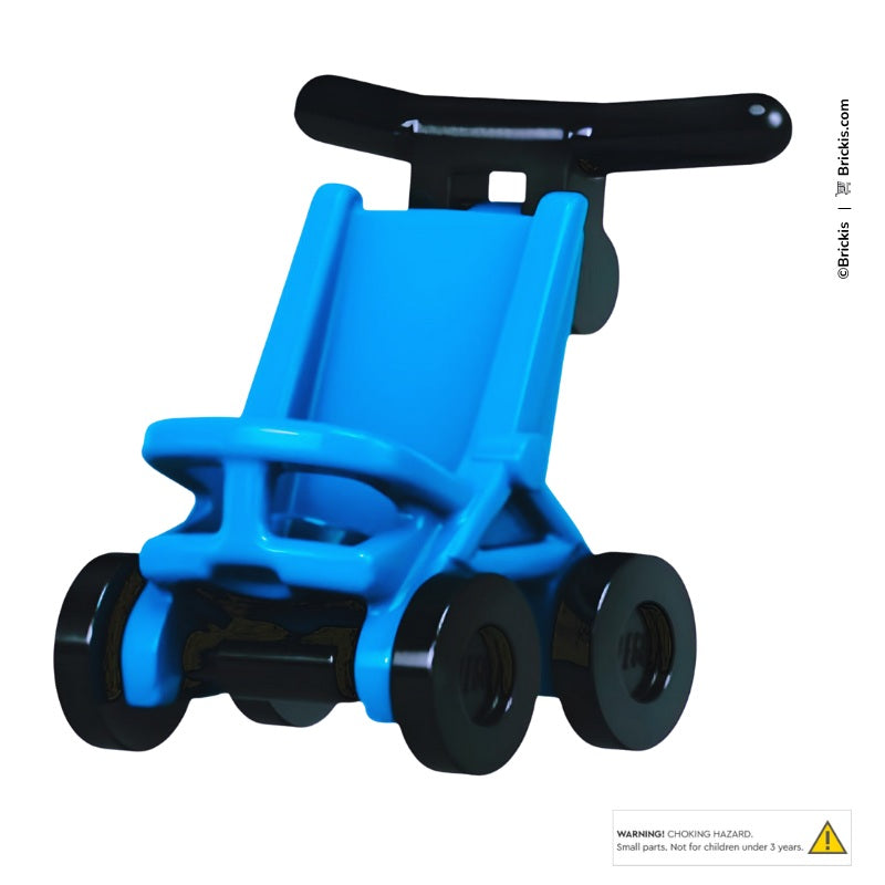  LEGO brick-built toddler-style baby stroller, bright blue, designed for minifigure nursery play