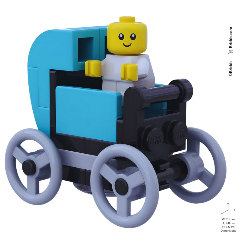 
                  
                    Custom LEGO stroller baby carriage. Baby buggy pushchair in turquoise nursery style, a perfect bassinet pram MOC for minifigure baby scenes by Brickis.
                  
                