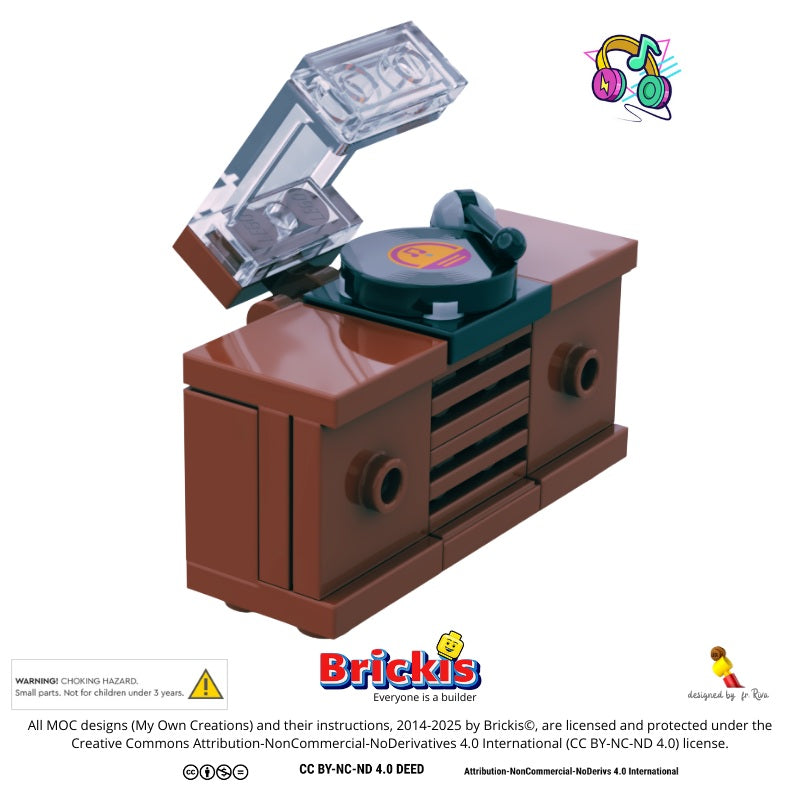 
                  
                    Vintage-inspired record player cabinet featuring a rotating turntable, one record, and a clear dust cover.
                  
                