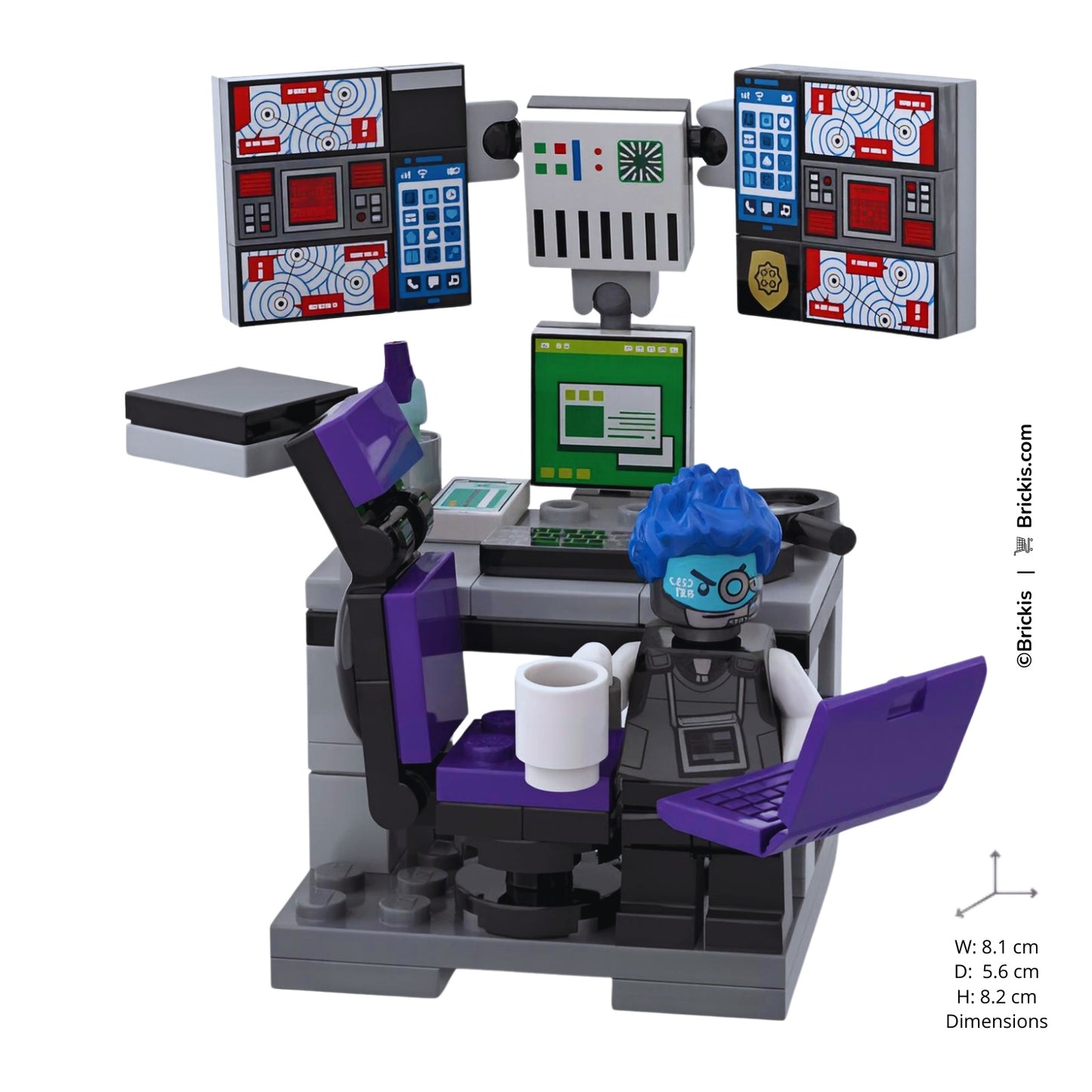 LEGO cybersecurity workstation desk with analyst minifigure and monitoring screens