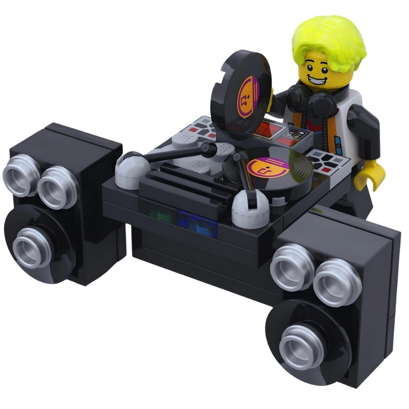 LEGO custom DJ workstation with mixer, vinyl records, and sound system elements.