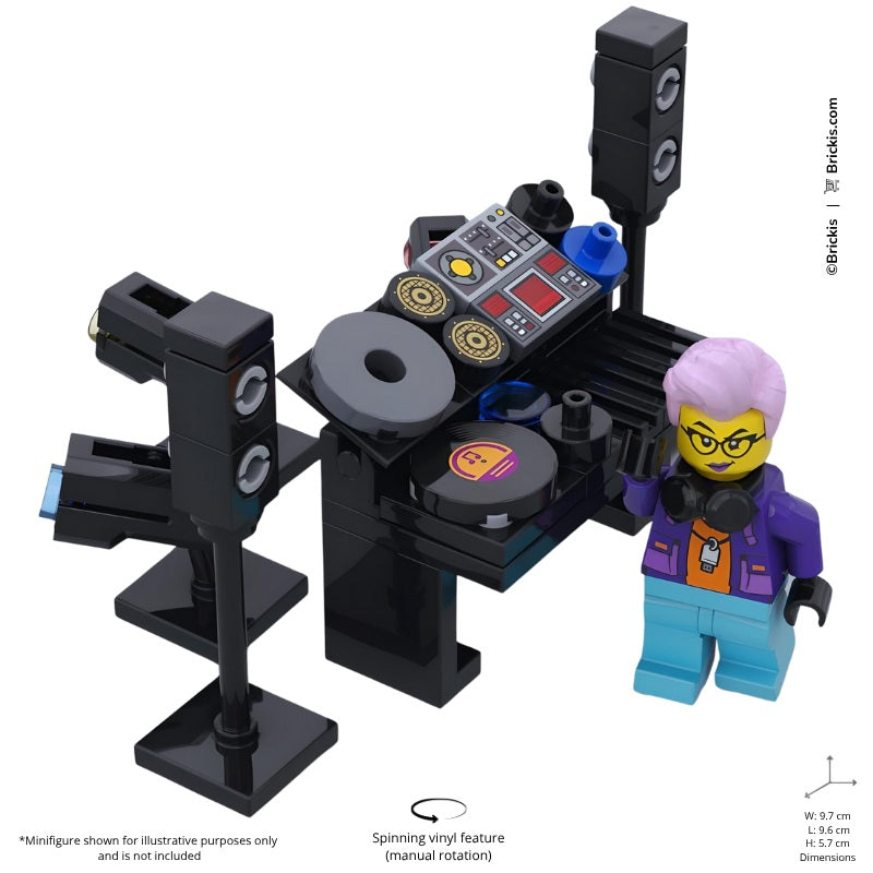 
                  
                    LEGO MOC DJ party booth with vinyl turntable, colorful lighting, and dual speakers, evoking a techno scene like Charlotte de Witte’s performances
                  
                