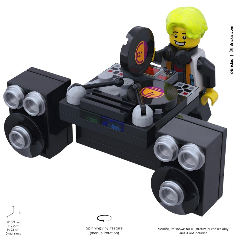 
                  
                    Minifigure-scale LEGO DJ mixing table with spinning records and detailed speaker system.
                  
                