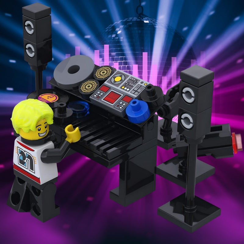 LEGO DJ booth MOC with colorful lights, vinyl turntable, mixer console, and speaker stacks for minifigure music scenes