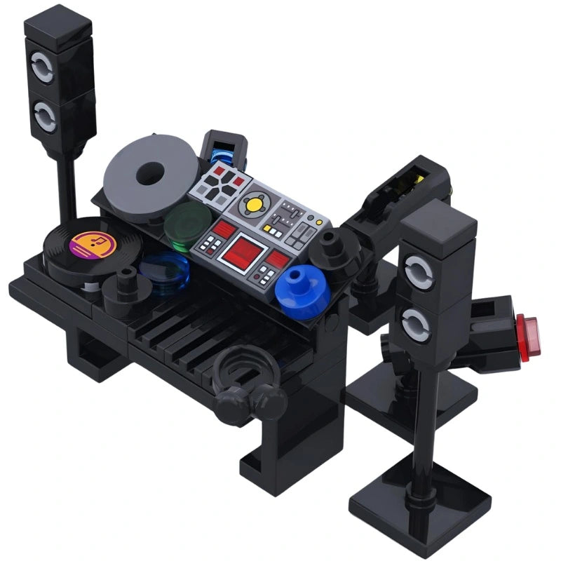LEGO DJ studio console MOC with two spinning vinyl records and authentic speaker accessories for  techno music 