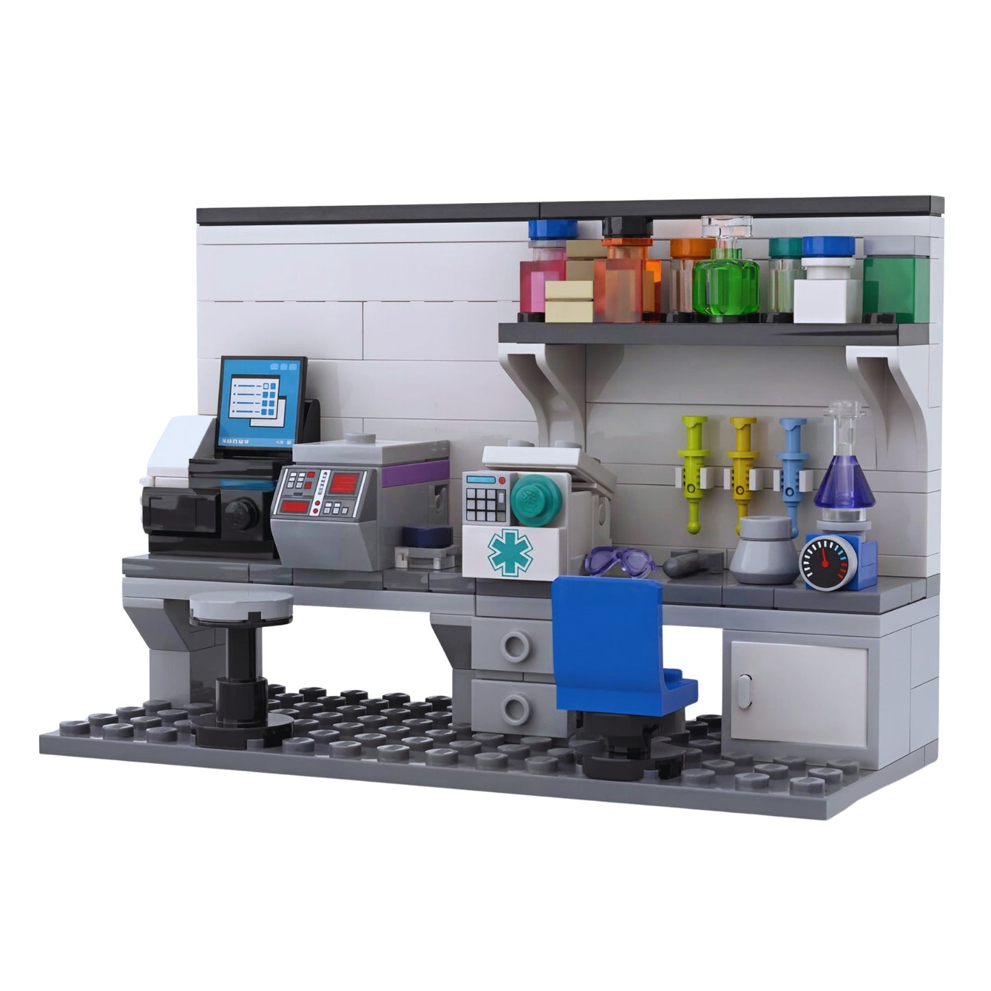 Custom LEGO genomics laboratory workstation with DNA research equipment in minifigure scale, ideal for corporate gifts and STEM display
