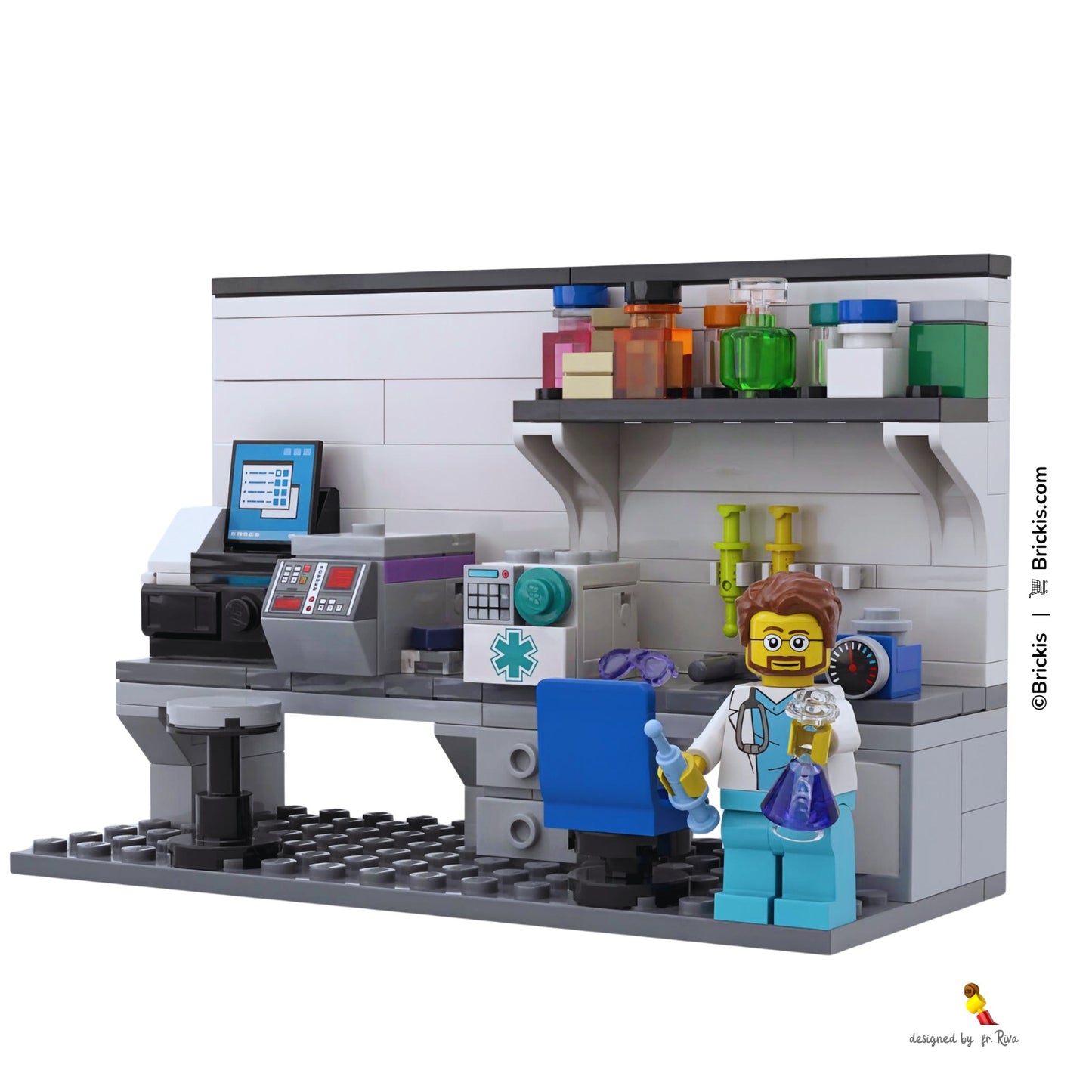 Custom LEGO genomics laboratory scene with scientist minifigure holding an erlenmeyer flask, featuring a DNA research workstation with sequencing system, PCR equipment, centrifuge and laboratory glassware