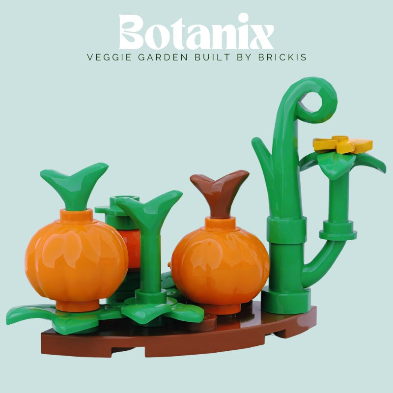 
                  
                    LEGO pumpkin vegetable patch in micro scale with green stalks and curved foliage, ideal for fall decorations or minifigure farms
                  
                