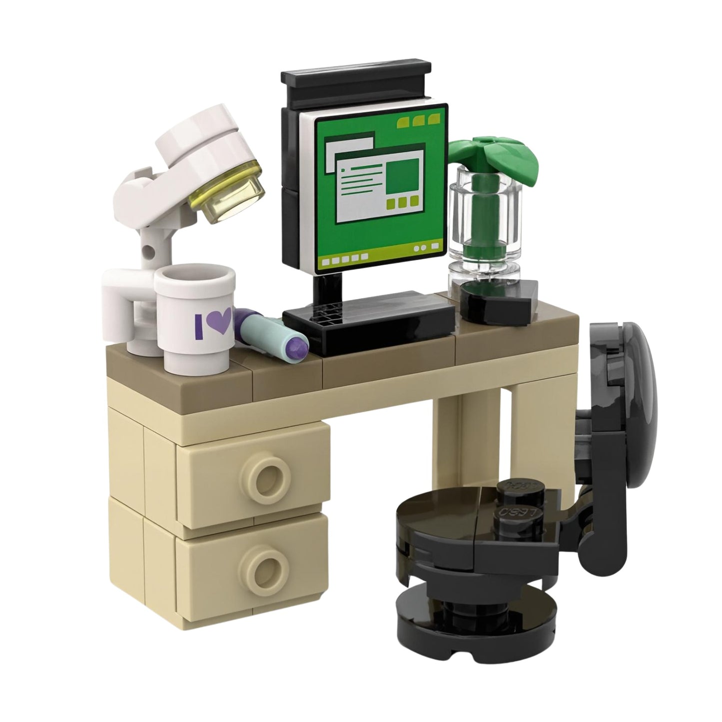 Custom LEGO modern home office desk with computer monitor, desk lamp, plant and coffee mug.