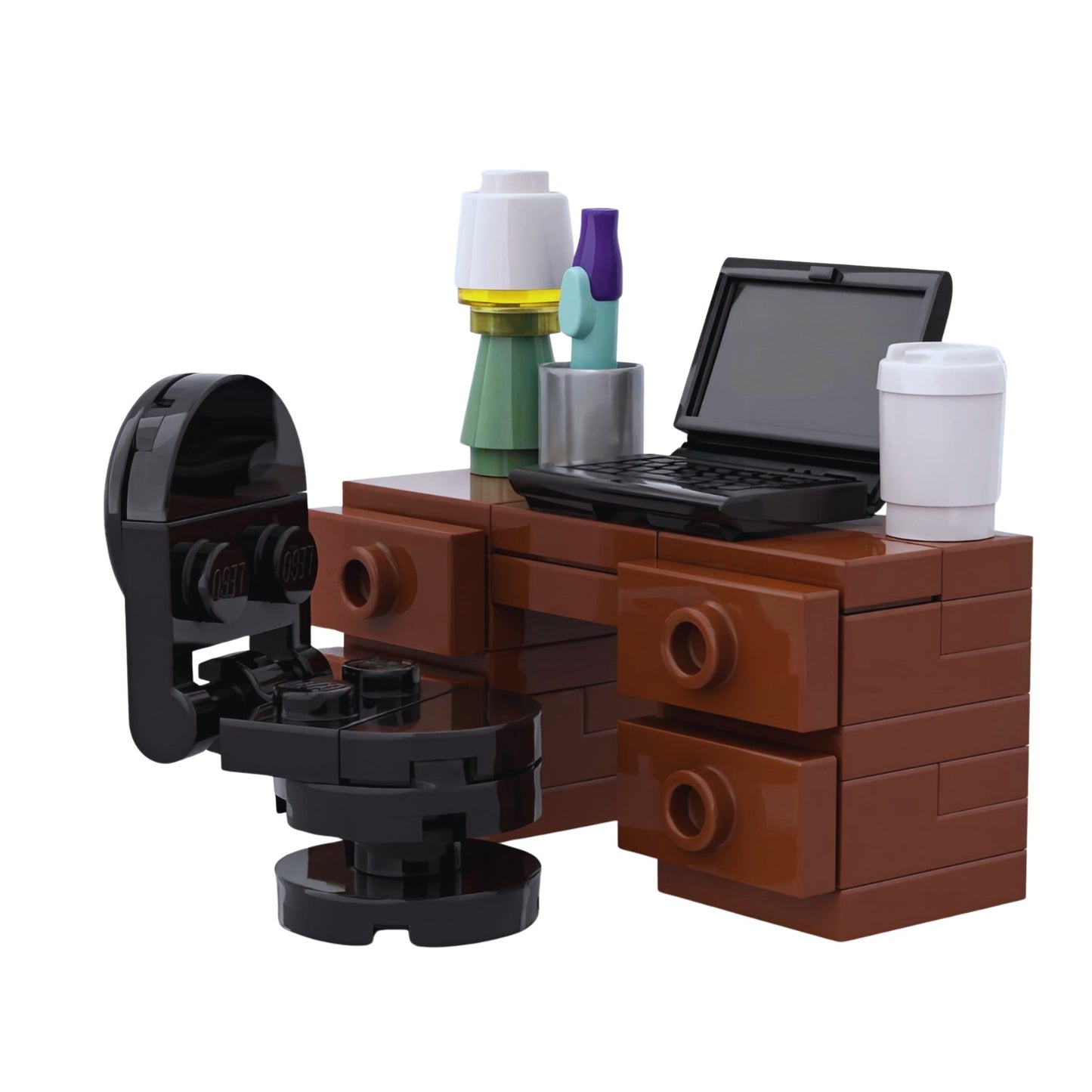 Custom LEGO home office computer desk with laptop, coffee cup and desk lamp.