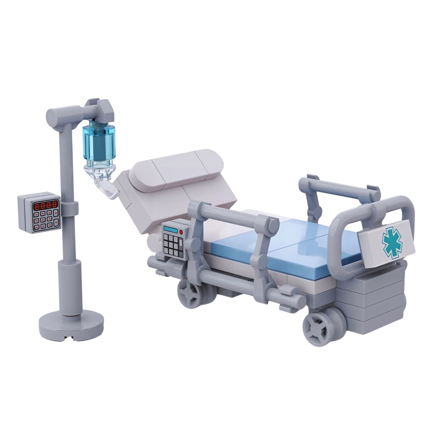 Custom LEGO hospital bed with IV drip stand, adjustable patient care bed with side rails and medical control panel, inspired by real hospital equipment
