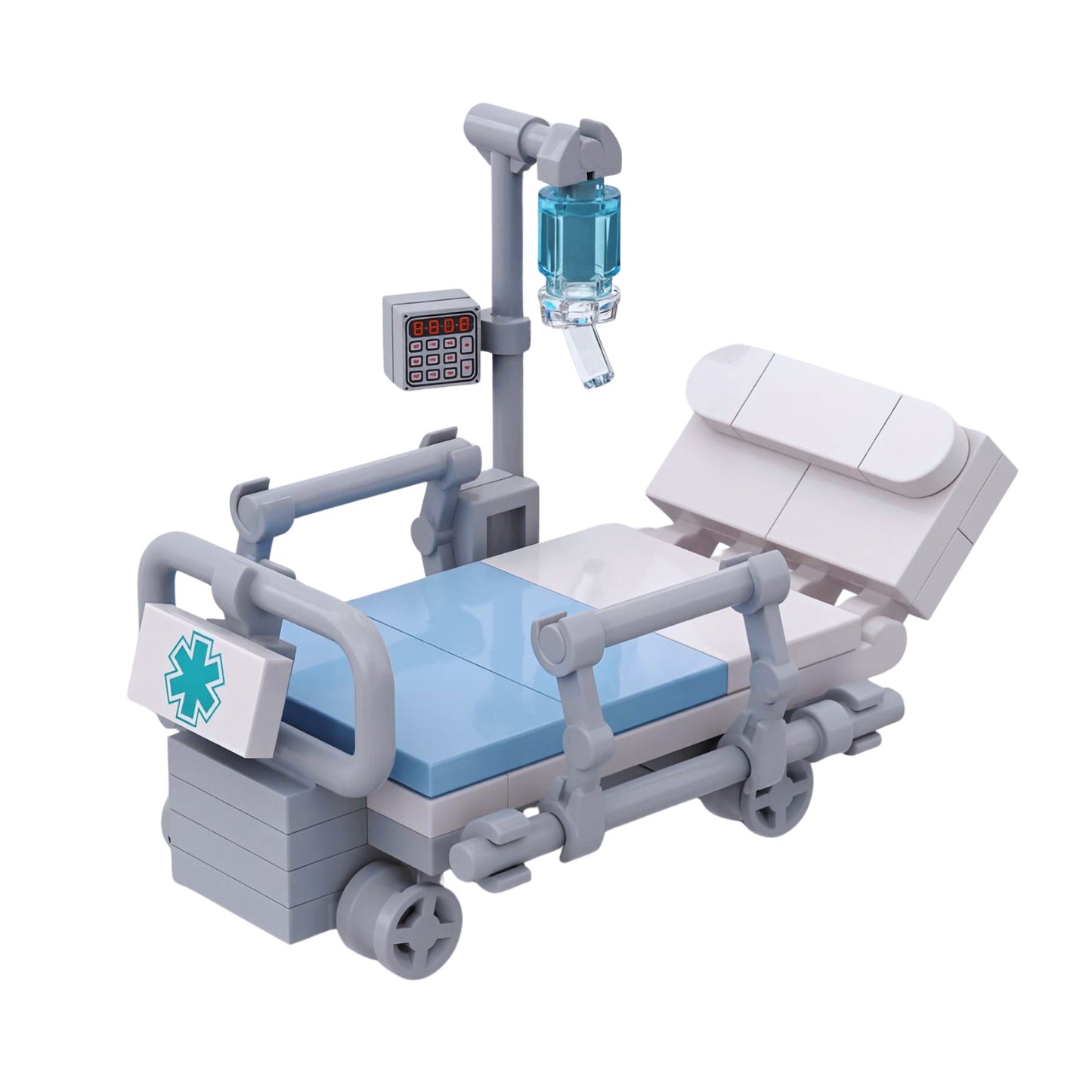 Custom LEGO hospital bed with IV drip system, patient care medical bed with side rails and control panel, inspired by real hospital equipment