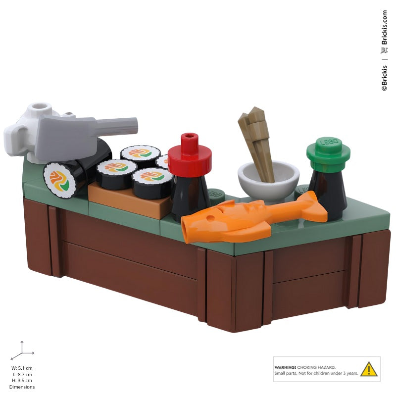 
                  
                    LEGO sushi station including salmon, sushi plates, chopsticks, and condiment bottles
                  
                