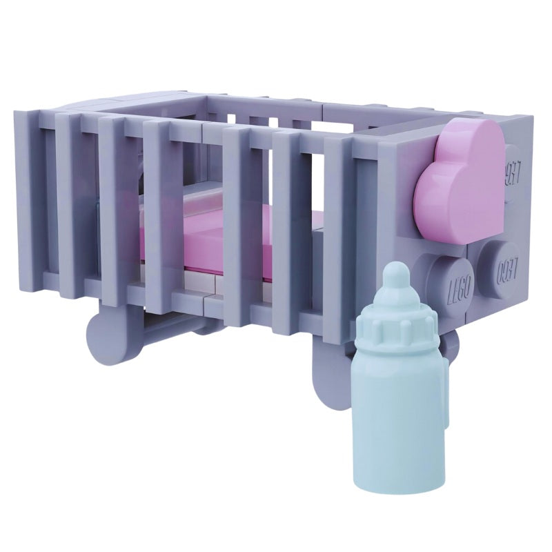 Custom LEGO light gray baby crib with pink bedding and pastel bottle accessory, ideal for baby shower gifts, mini build MOCs, and collectors