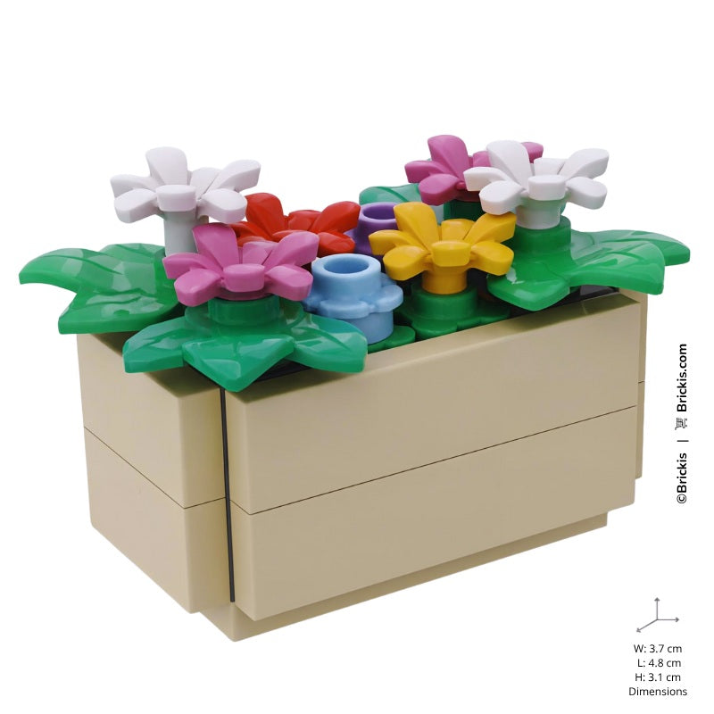 Brick-built flower box with vibrant LEGO plants – a decorative piece ideal for spring displays, greenhouses, or cozy backyard MOCs