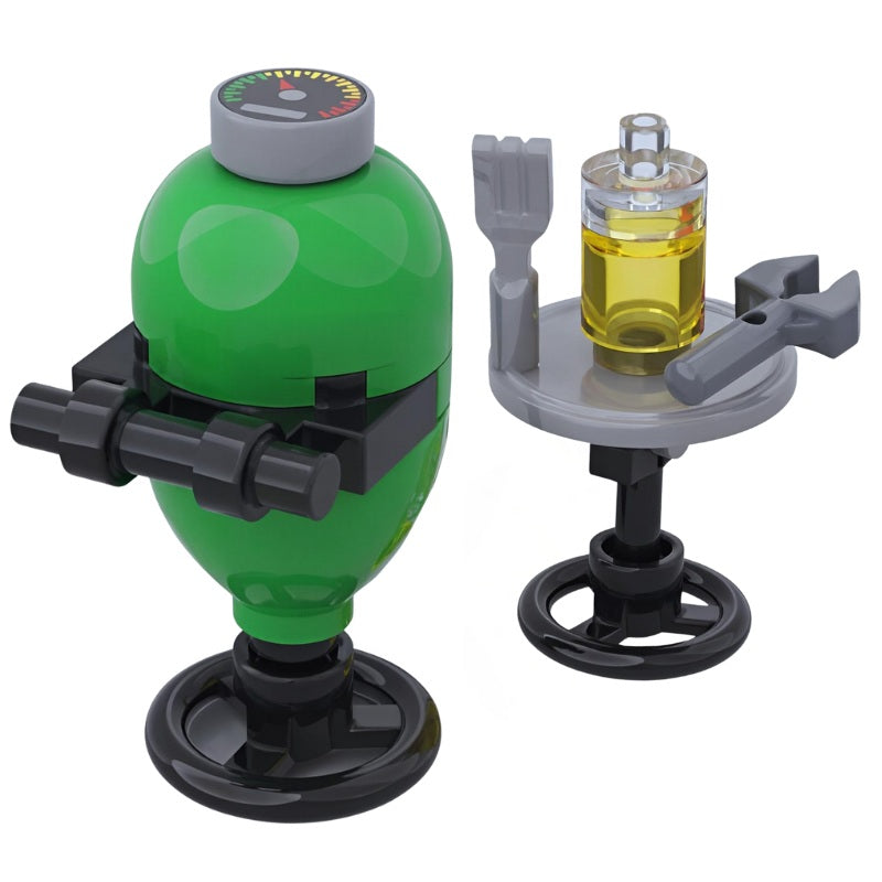 LEGO green kamado BBQ grill with outdoor side table, utensils and oil bottle – perfect garden mini-build barbecue by Brickis