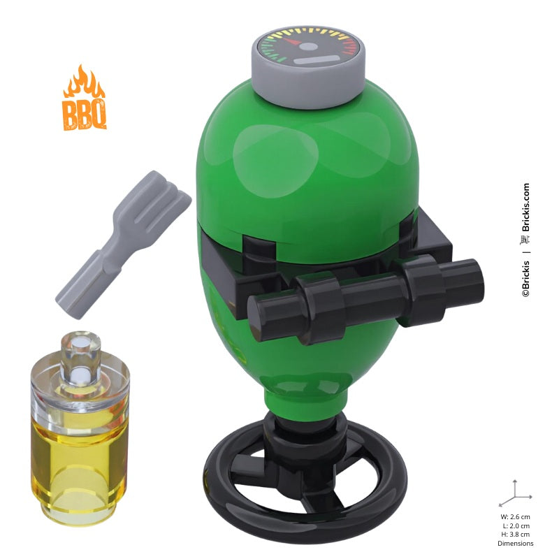 LEGO mini-build green Kamado BBQ grill with barbecue fork and oil bottle – custom outdoor grill MOC by Brickis