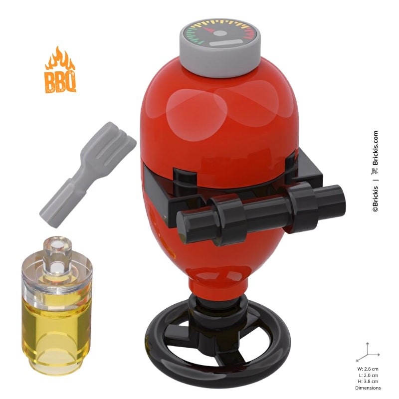 LEGO mini-build red Kamado BBQ grill with barbecue fork and oil bottle – vibrant brick-built outdoor grill design by Brickis