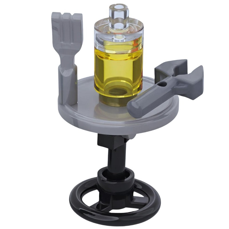 LEGO mini-build BBQ side table with grilling fork, tongs, and oil bottle – outdoor accessory for garden or picnic scenes