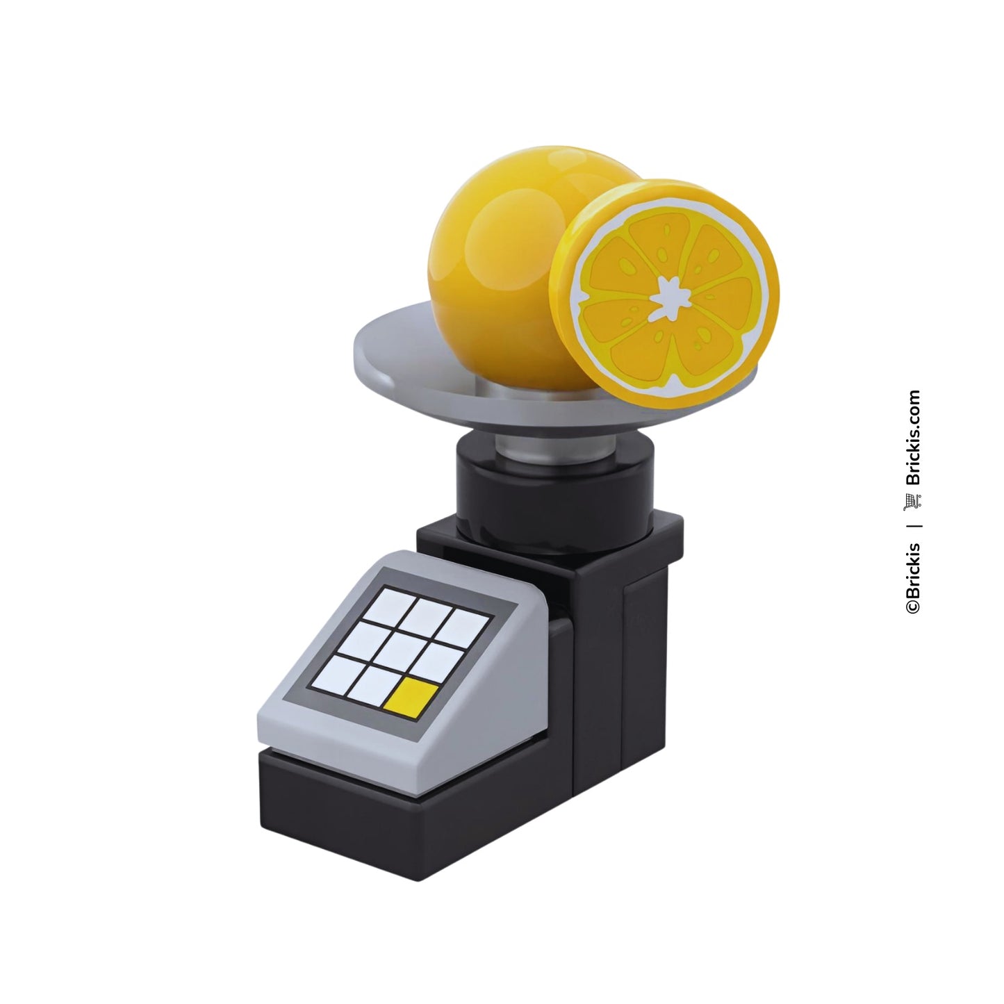 Custom LEGO Mini Digital Kitchen Scale with citrus fruit in minifigure-scale kitchen scene.