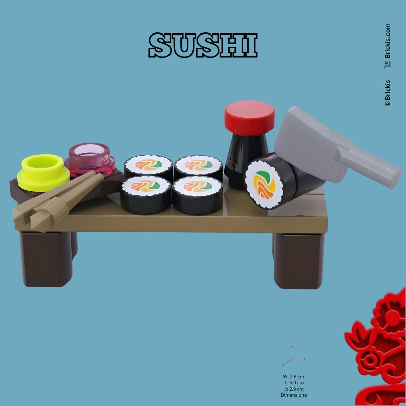 Colorful LEGO sushi build featuring nigiri rolls, wasabi, and chopsticks – a miniature tribute to Asian cuisine.