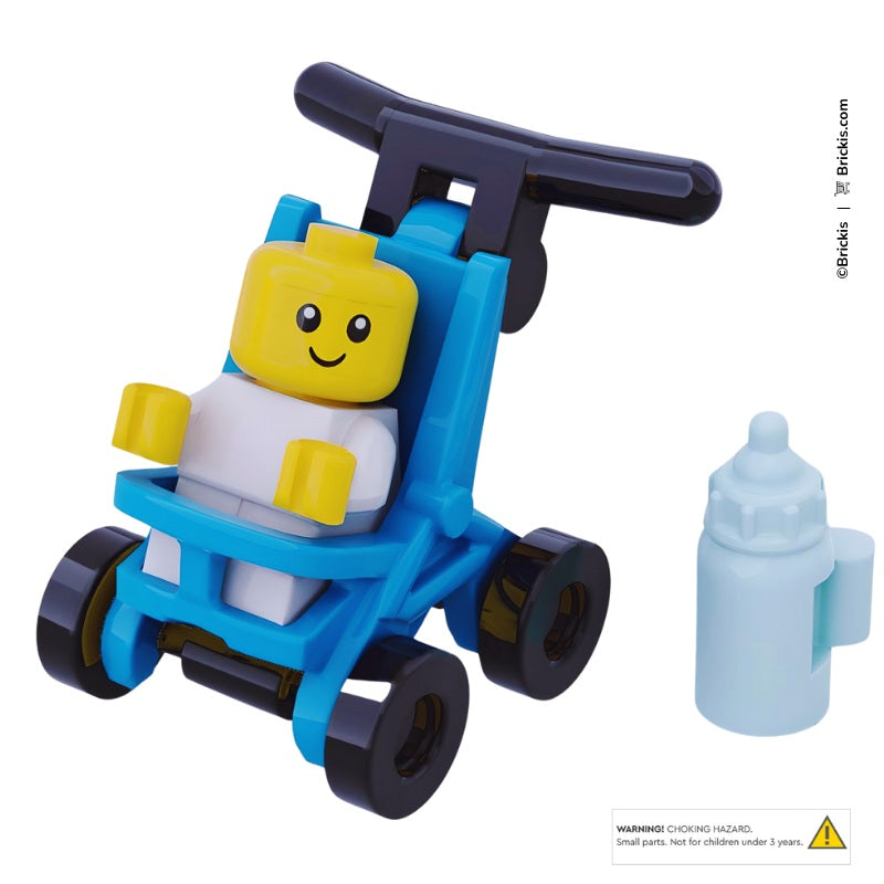Custom LEGO MOC baby stroller inspired by toddler prams, with blue body, push handle, and milk bottle accessory, minifigure scale by Brickis.