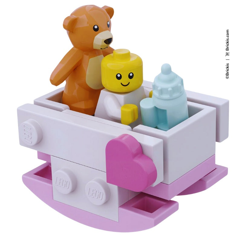 Custom LEGO baby rocking cradle with teddy bear and bottle in pastel nursery colors – cozy crib for your newborn LEGO baby