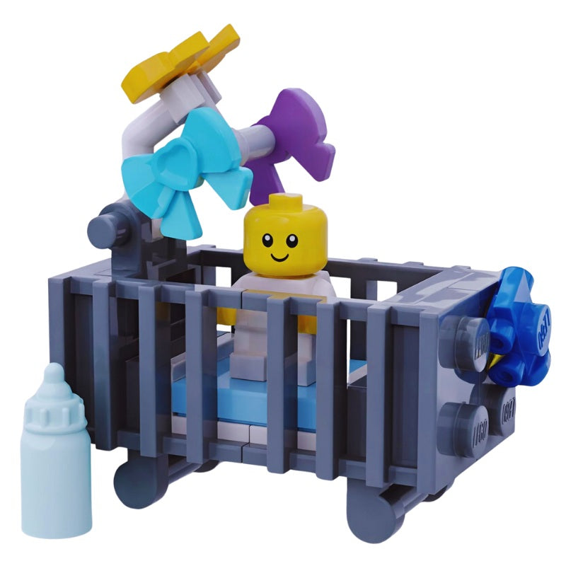
                  
                    LEGO dark gray baby crib with pink or blue bedding, pastel mobile, and bottle – a tender nursery scene perfect for baby boy or girl displays.
                  
                