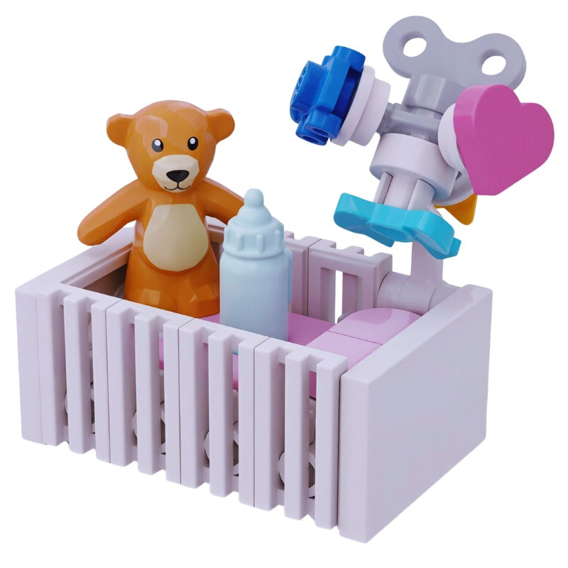 
                  
                    LEGO newborn gift idea: pink baby crib with bottle, teddy, and heart mobile for nursery scenes
                  
                