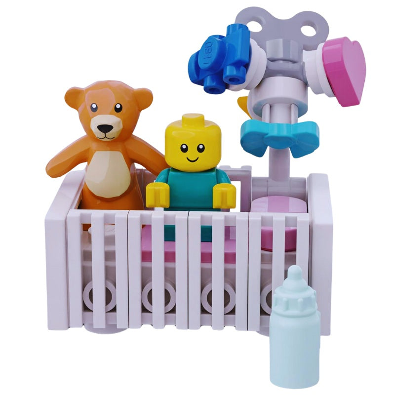 
                  
                    LEGO baby crib in pink with spinning mobile details, teddy bear, and bottle – MOC nursery mini build
                  
                