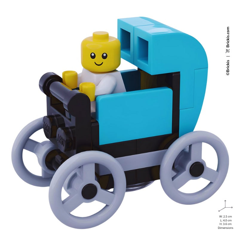 Turquoise nursery LEGO® baby stroller MOC inspired by classic prams and pushchairs, perfect for baby shower gifts or displays. By Brickis.