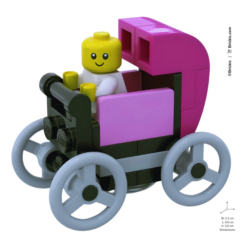Pastel pink LEGO baby pram with canopy and nursery-inspired look, ideal for LEGO nursery play.