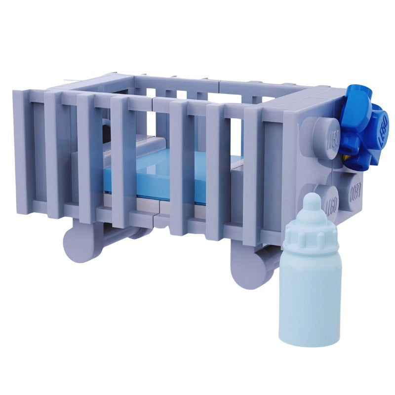 LEGO light gray baby bed with blue bedding and bottle – perfect for nursery MOC