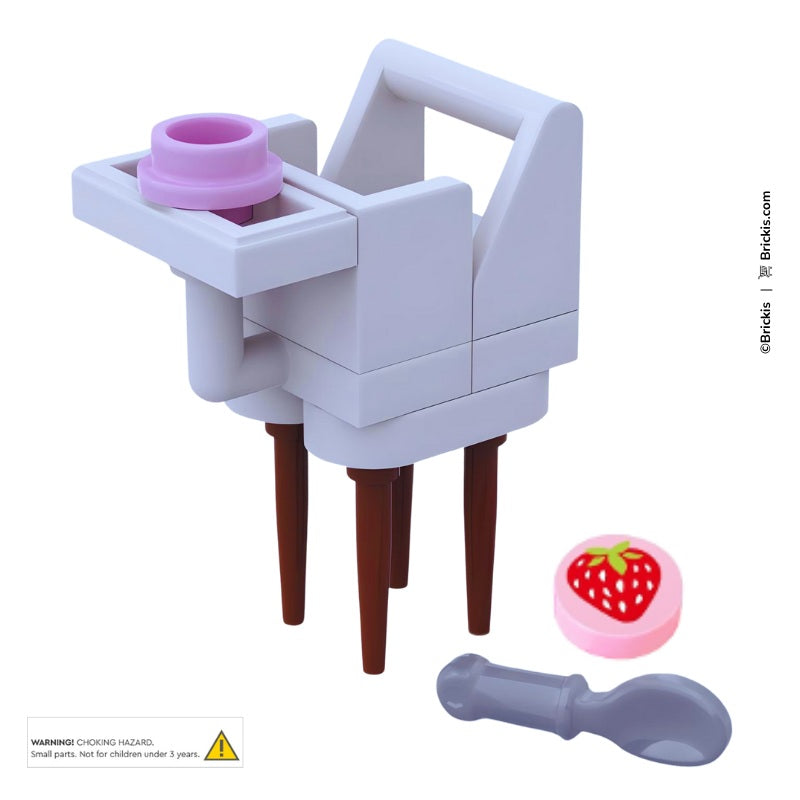 LEGO baby chair with pastel-colored feeding accessories, perfect for baby shower or nursery display