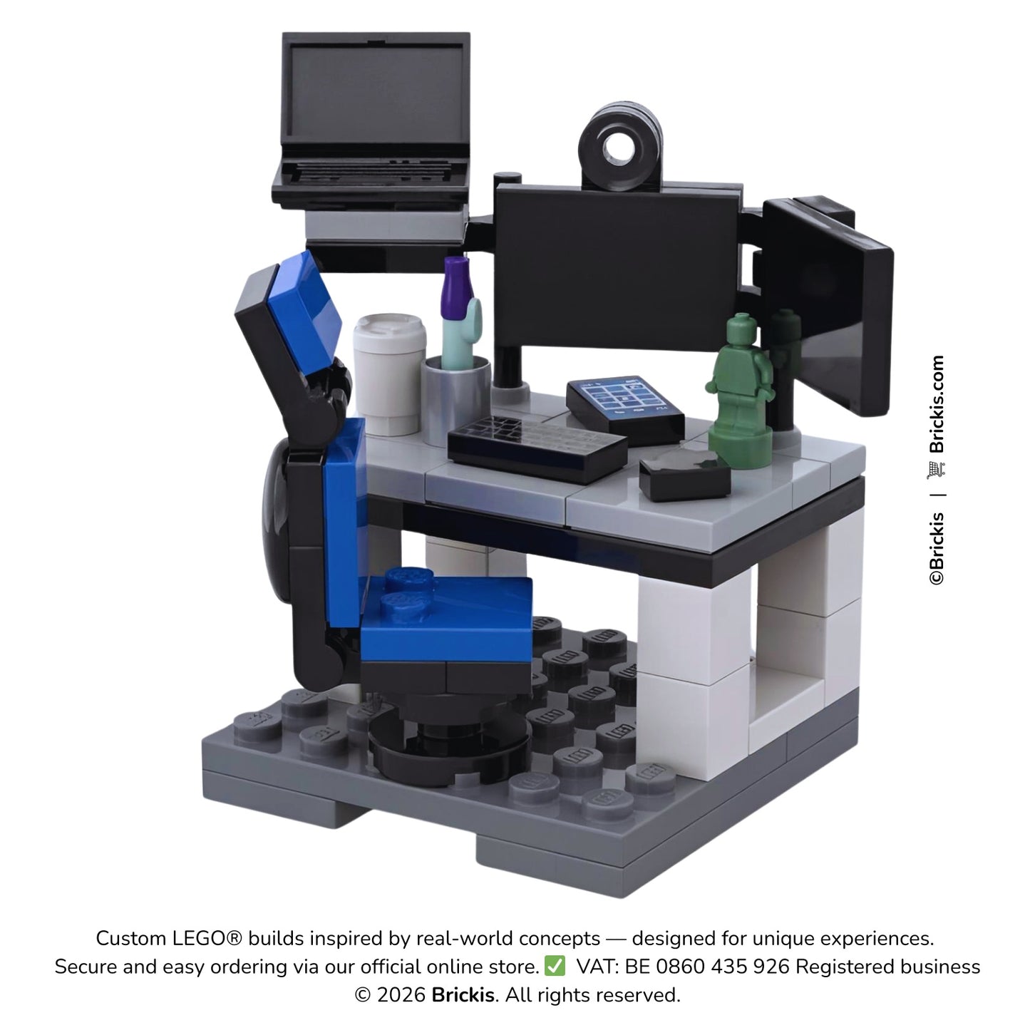 LEGO software developer workspace miniature with computer desk and coding setup