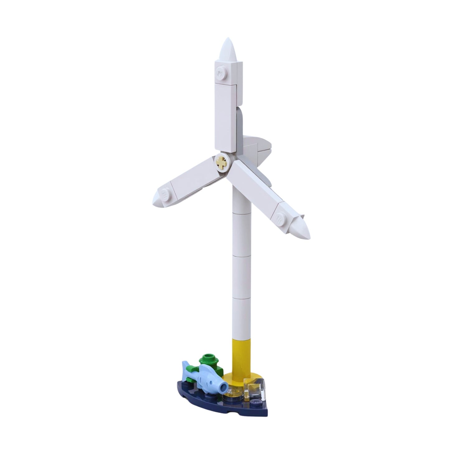 LEGO offshore wind energy turbine model built with genuine elements representing a compact renewable energy system