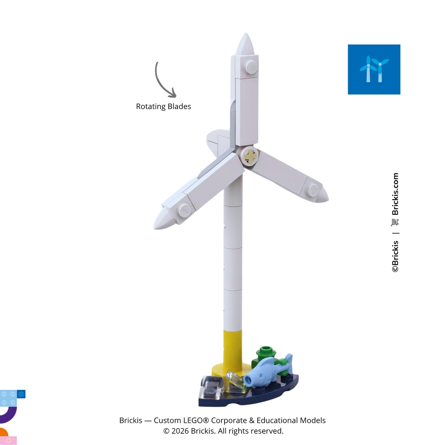 LEGO offshore wind turbine model with rotating blades demonstrating wind energy generation concept