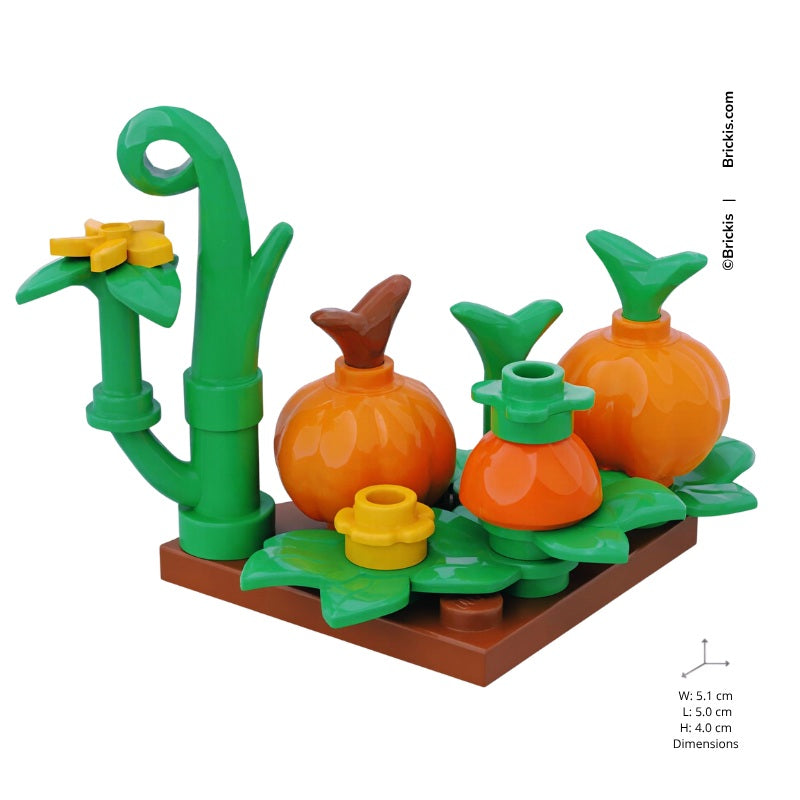 
                  
                    LEGO pumpkin plant with two brick-built pumpkins and yellow flower, perfect for autumn or harvest-themed LEGO builds
                  
                