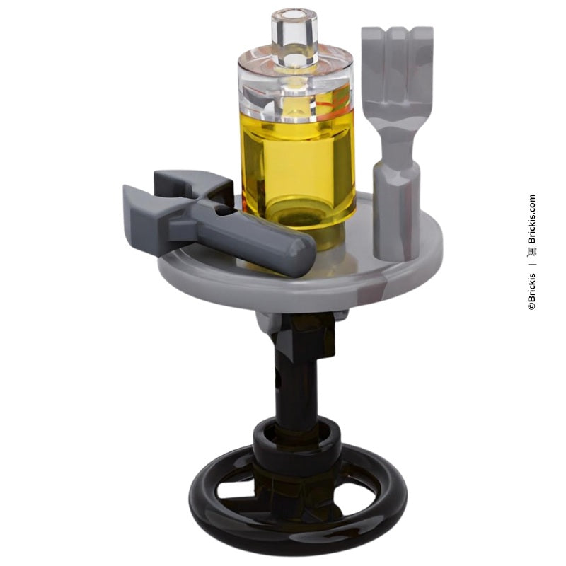 Unique design LEGO BBQ side table with oil bottle and grilling utensils – perfect outdoor add-on for custom summer barbecue scenes
