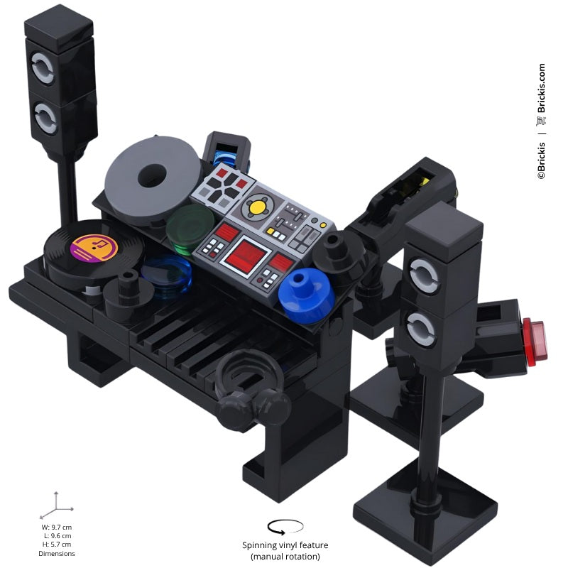 
                  
                    Custom LEGO DJ Booth inspired by Tomorrowland festival, featuring turntable, mixer, colorful stage lights, and speaker setup in minifigure scale
                  
                