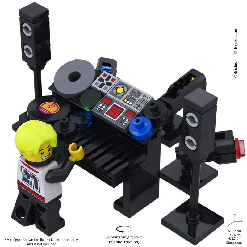 
                  
                    Custom LEGO DJ Booth with turntable, colorful lights, mixer console, and dual speakers, built for minifigure scale Brickis MOC.
                  
                