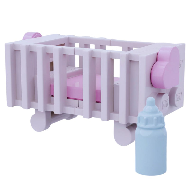LEGO white baby crib mini build with pink bedding and pastel bottle