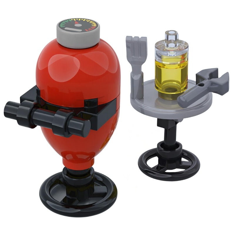 Outdoor cooking, LEGO BBQ set in red with side table, oil bottle, and grill utensils – custom mini-build for garden dioramas