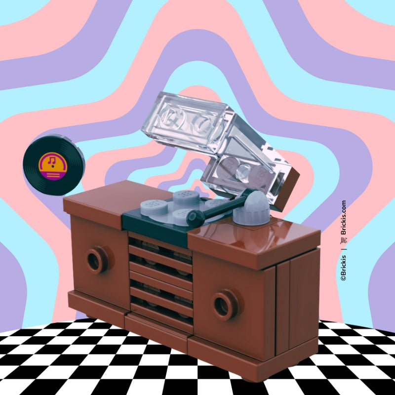 
                  
                    Custom LEGO Vinyl Record Player Cabinet – Retro Music Display with a moving turntable, one vinyl record, and a transparent dust cover.
                  
                