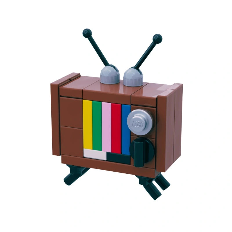 A small brown vintage LEGO TV with a classic antenna, striped CRT screen, and retro knobs.
